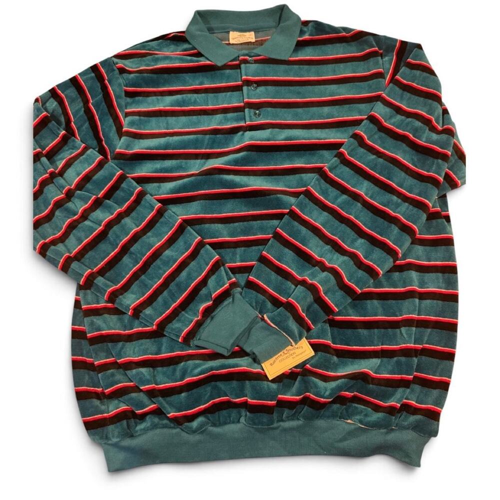 Vintage 80s Rainforest Velour Striped Polo XL NWT Deadstock Made USA